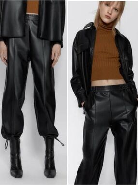 ZARA Vegan Leather High Rise Balloon Leg Joggers Jogging Pants in Black Size S